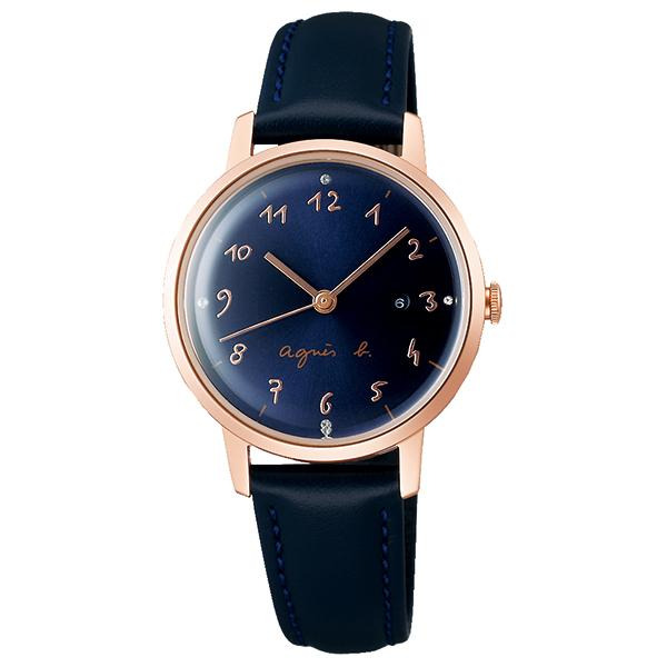 agnes b 日本限定限店販售玫瑰金框深藍色錶盤牛皮錶帶日期女款30mm