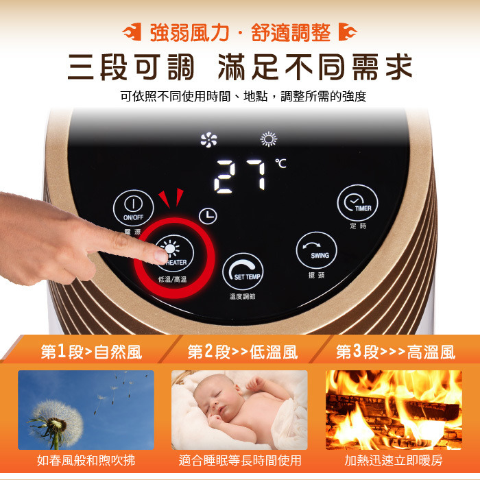 松井 陶瓷溫控立式電暖器三段可調風力，滿足不同需求。