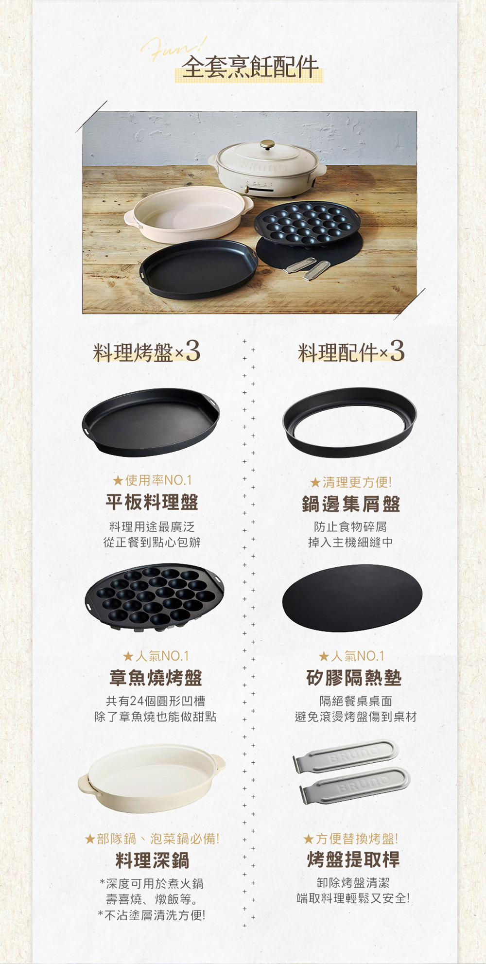 BRUNO橢圓形電烤盤 的全套烹飪配件展示。