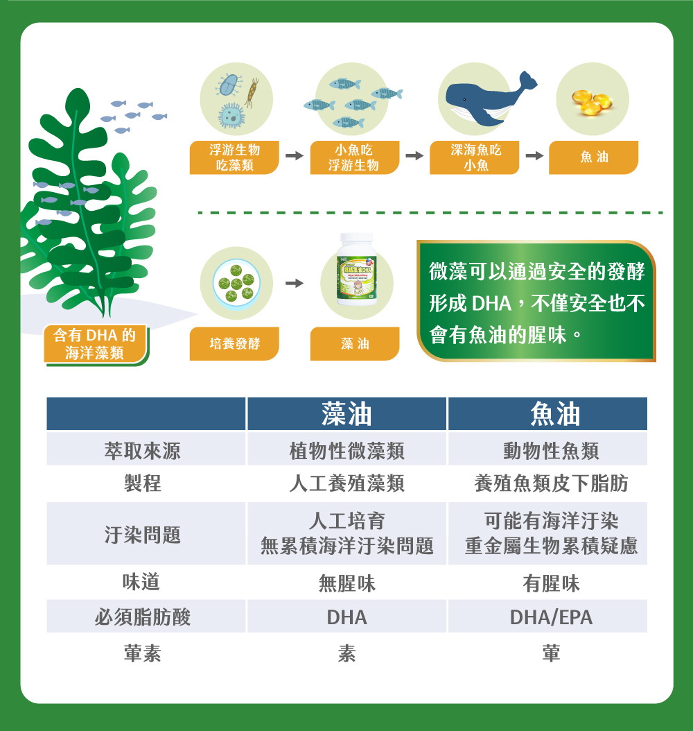 藻油和魚油的比較，藻油是由植物性微藻類萃取而來，無汙染、無腥味、素食可食用，健康又安心。